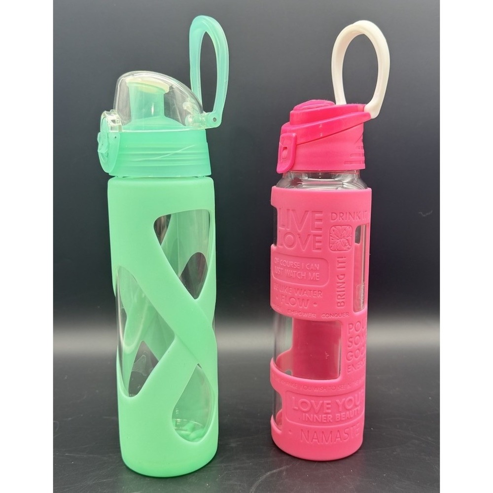 Lot of 2 Apana Glass Water Bottles with Silicone Sleeves – Pink & Green